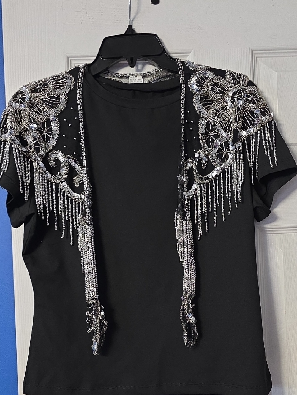 Black Beaded Fringe Embellished Shawl Collar
